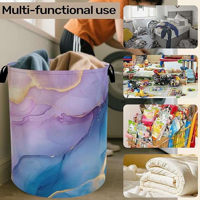 Blue Pink Marble Laundry Basket with Handles - Extra Large Foldable Hamper for Bathroom/Laundry/Bedroom/Dorm, Washable Fabric Storage Bin