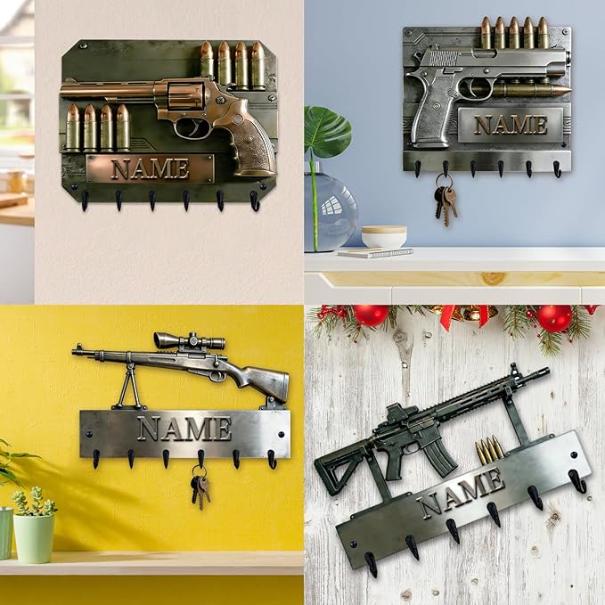 Custom Gun Bullet Themed Wall Hooks for Men Husband Grandpa Dad Personalized Name Pistol Bullet 2D Flat Print Gun Equipment Wall Mounted Key Rack Firearm-Themed Coat Holder for Bedroom Man Cave Carage