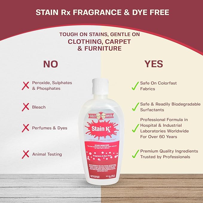 Stain Rx Stain Remover, Effectively Eliminates Stains from Wine, Berries & Blood on Fabrics, Carpets, Upholstery & Jewelry, Dye-Free, Free from Bleach, Peroxides & Phosphates, Made in USA, 10 oz