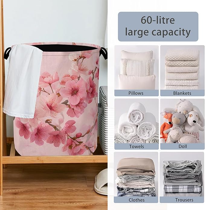 Cherry Blossoms Laundry Basket,Japanese Foldable Oxford Cloth Tote Bag Laundry Hamper Clothes Storage Bucket Organizer for Bedroom Laundry Storage Dormitories 16" x 20.8"