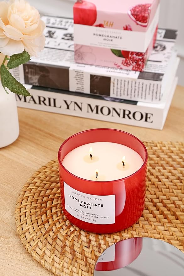 Large 3 Wick Scented Candle 15.8oz | Pomegranate Noir Sweet Fruity Vanilla Candle | Ruby Red Jar Candle | Aromatherapy Stress Relief | Luxury Gift for Women & Men