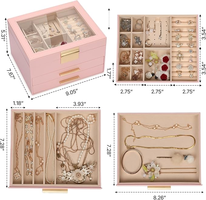 3-Layer Jewelry Box for Women, Jewelry Organizer with Glass Lid and Drawers, Jewelry Organizers and Storage for Necklaces, Rings, Earrings, Bracelets - White/Green/Black/Pink