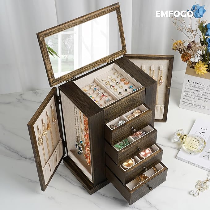 Emfogo Jewelry Box for Women, 5 Layer Large Wood Jewelry Boxes & Organizers for Necklaces Earrings Rings Bracelets, Rustic Jewelry Organizer Box with Drawers and Mirror(Vintage)