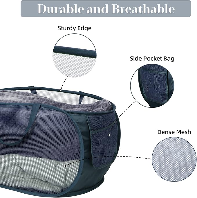 Durable Collapsible Laundry Baskets, Mesh Pop Up Laundry Hamper with Side Pocket, Foldable Clothes Storage Hamper with Reinforced Carry Handles for Laundry, Bathroom, Kids Room, Dorm or Travel Navy