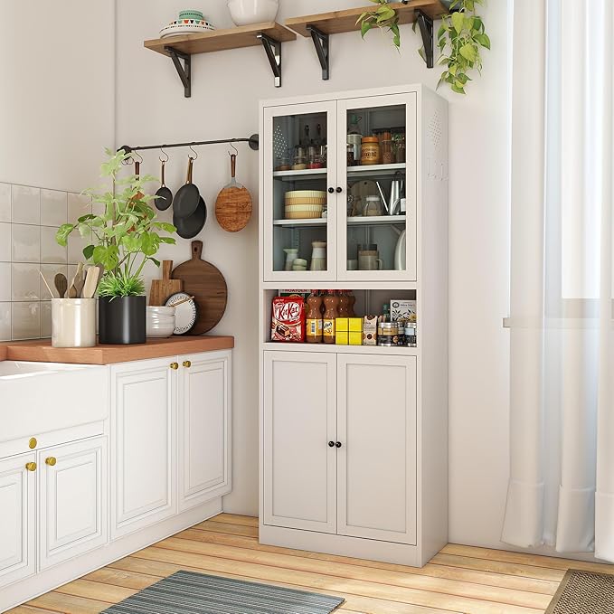 Kitchen Pantry Cabinet, 72" H Storage Cabinet with Glass Doors and Adjustable Shelves, Metal Bathroom Cabinets, Utility Cabinets for or Kitchen, Living Room, Assembly Required, White