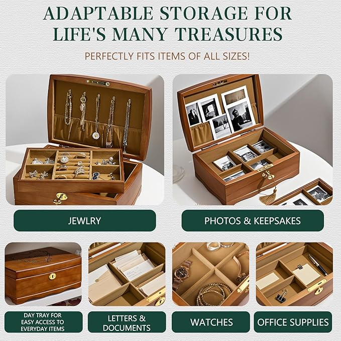 Personalized Wooden Jewelry Box, Customized Double Layer Retro Jewelry Organizer with Lock and Key for Women Girls, Birthday Gift for Her, Artners, Elders, Mom, Friends, Girlfriends and Bridesmaids