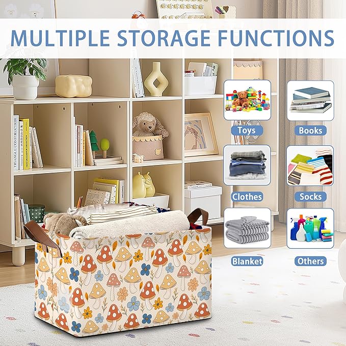 Retro Mushroom Storage Basket with Handles,Flower Collapsible Rectangle Organizer Bin for Room Decoration Books Box Baskets 17x11.5x10Inch