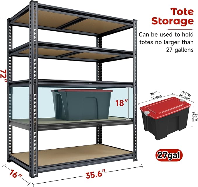 CypBed 72" H Storage Shelves,2250LBS Garage Shelving,Adjustable Metal Shelving Unit,Garage Shelve Heavy Duty for Basement, Warehouse, Kitchen,35.6" W × 16" D × 72" H, Black