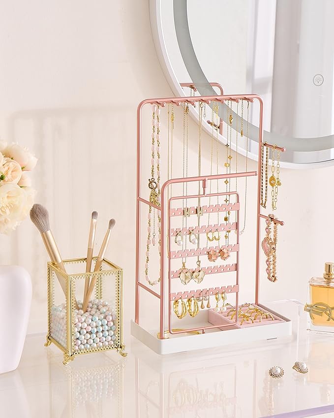 ProCase Jewelry Stand Holder Organizer, Jewelry Display Storage with Ring Tray, No-Assembly Needed, Rotating Earring Bracelet Necklace Holder, Christmas Gifts Room Dorm Decor for Teen Girls -Rosegold