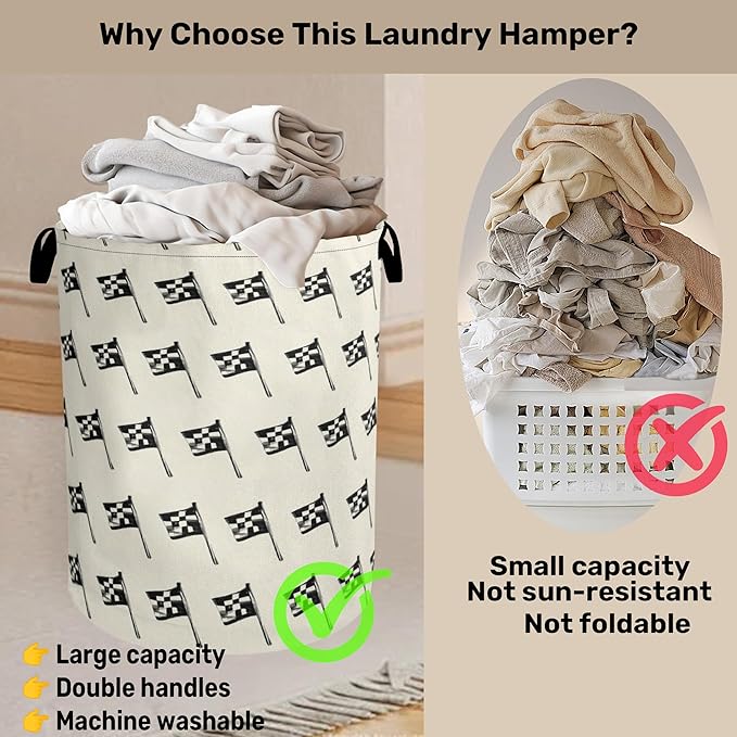 Racing Flag Foldable Canvas Laundry Basket with Handles - Toy Organizer, Heavy Duty for Home，Bedroom, Dorm, Bathroom