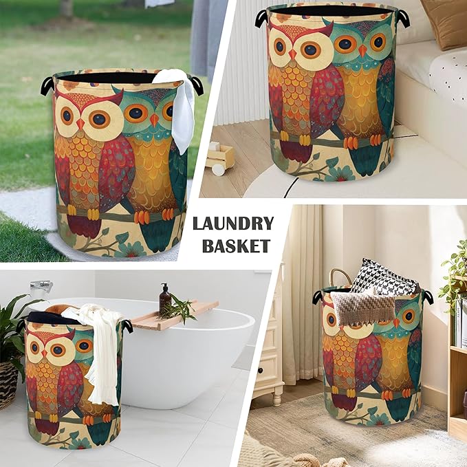 Cute Owl Laundry Basket,Foldable with Handles Tote Bag Oxford Cloth for Bathroom Bedroom Dirty Clothes Storage Bucket 16" x 20.8"