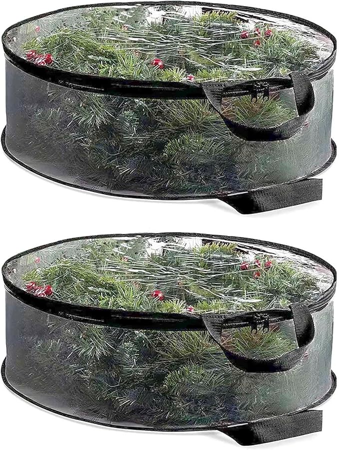 QISF 2 Pack 30X8 Inch Wreath Storage Bag, Christmas Wreath Clear Storage Container with Dual Zippered and Reinforced Handle for Xmas Holiday Seasonal Wreath Garland
