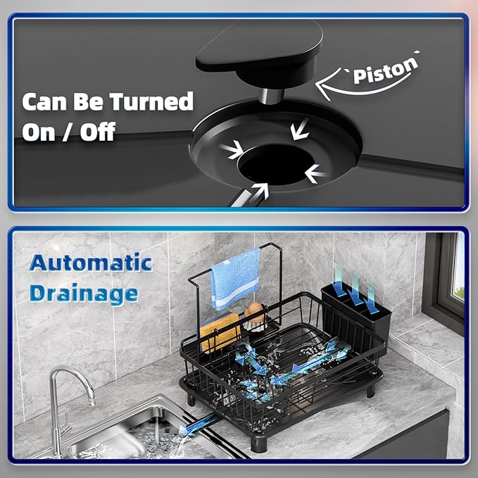 GAOKASE Dish Drying Rack, Compact Dish Racks for Kitchen Counter with Sponge Rack, Space-Saving Dish Drainer Drying Rack with Drainboard, Utensil Holder and and Automatic Drainage Drainboard, Black