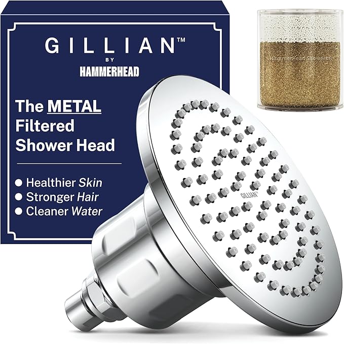 Gillian™ by HammerHead High Pressure Shower Head with Filter – Genuine KDF-55 Metal Hard Water Filtering Shower Head, Healthier Skin & Hair – 6-Inch Rainfall Shower Head with Filters, Chrome