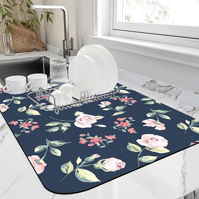Kitchen Mat Vintage Pink Flower Dish Drying Mat 12"x19" Bsorbent Coffee Maker Mat for Sink Dishes or Under Rack Kitchen Counter Accessories Absorbent Hide Stain Rubber Backed Dish Drying Pad