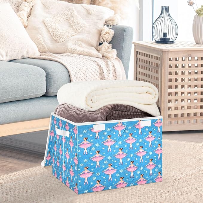Christmas Ballet Dancer Snowflake Storage Bins with Lids Foldable Storage Basket with Handles Collapsible Large Fabric Organizer Containers for Clothes Shelves Closet Office Home