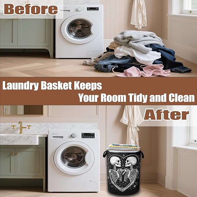 Halloween Funny Skeleton Laundry Basket,Waterproof Foldable Cute Skull Heart Laundry Hamper,Dirty Clothes Basket, Linen Bin Storage Organizer Collection 16" x 20.8"