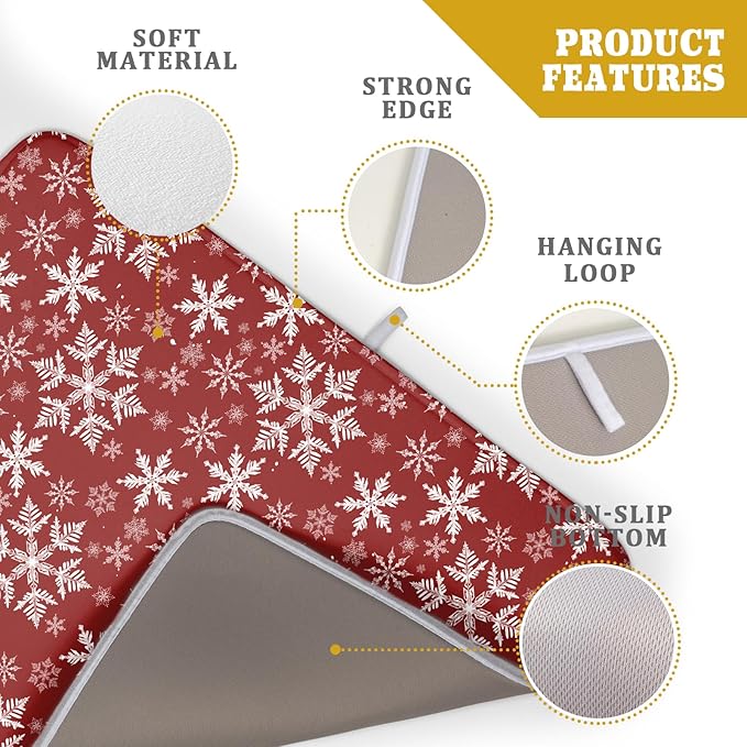 Christmas Dish Drying Mat for Kitchen Counter 24x18 Inch Xmas Snowflake Drying Mat with Absorbent Reversible Microfiber Red Dish Drainer Mats Rack Pad for Coffee Countertop Protector