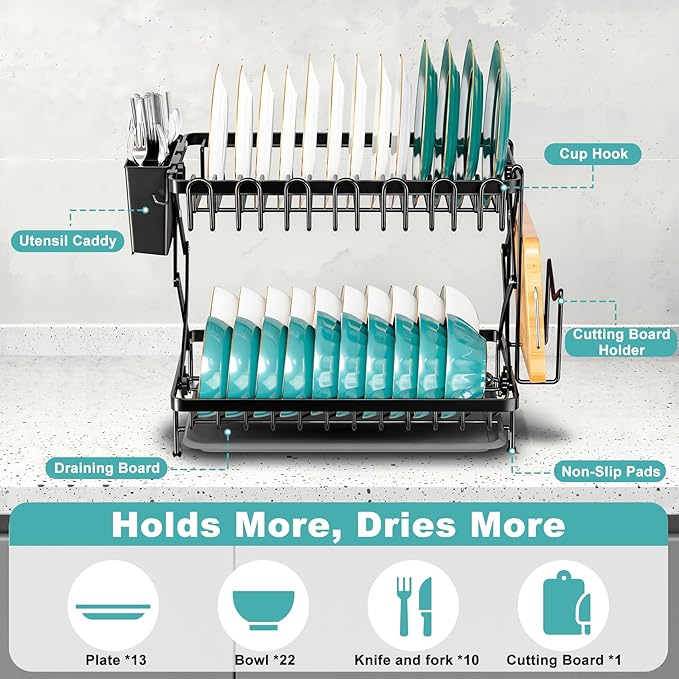 2-Tier Dish Racks for Kitchen Counter, Stainless Steel Kitchen Dish Drying Rack Large Dish Drainers for Kitchens Counter, Space Saving Dishes Strainer for Bowl, Plate, Cup - Modern Counter Organizer