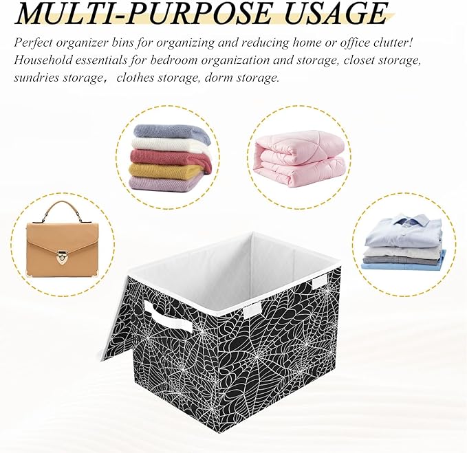 Bolaz Storage Bins with Lids and Handles,Halloween Gray Spider Web Storage Box Basket with Cover Collapsible Organizer Containers for Home Closet, Shelves