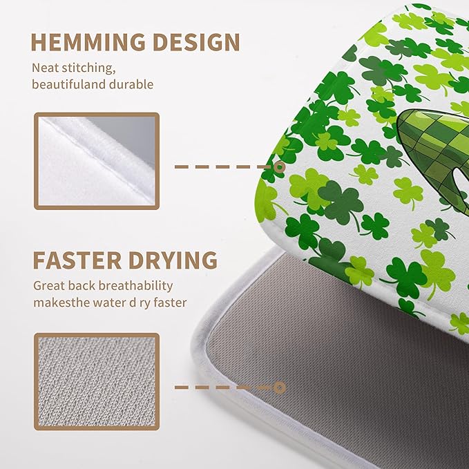 St Patrick's Day Gnomes Dish Drying Mat Shamrock Green Spring Kitchen Dish Drying Pad Absorbent Dish Dryer Mat for Kitchen Countertops Microfiber Dishes Drainer Pad Dish Drying Rack Mat (18x24 in)