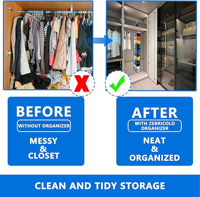 zebricolo,Closet Organization,12 Section, Hanging Closet Organizer, Space Saving, College Dorm Essentials for Girls,Heavy dutys Hooks Up to 45 Pounds,Clothes Storage,Closet Organizer,White/Black