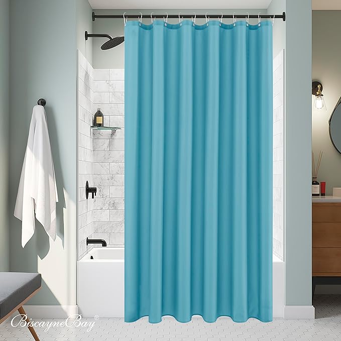 Biscaynebay Hotel Quality Extra Long Fabric Shower Liners 72" Width by 84" Length, Blue Water Resistant Bathroom Curtains Rust Resistant Grommets & Weighted Bottom Hem Machine Washable