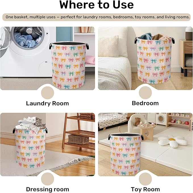 Colorful Bow Foldable Laundry Hamper - Waterproof Fabric Storage Basket with Handles, Clothes Hampers for Laundry,Bedroom,Dorm