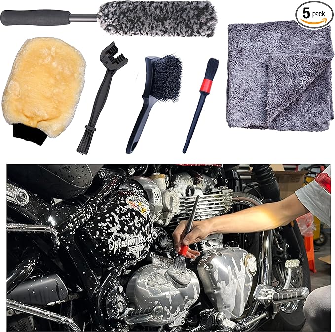 oesee Motorcycle Cleaning Kit 6 Pack Design for Chrome, Woolies Brush, Wool Wash Mitt, Tire&Chain Brush, Detailing Brush& Ultra Plush Towel for Motorcycle& Bike Chrome Painted, Rims, Exhaust, Surface