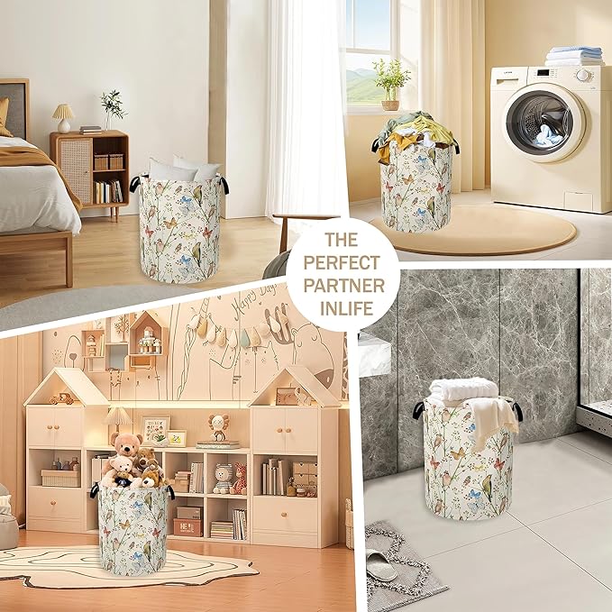 Laundry Hamper,Watercolor Bird Laundry Basket,Spring Flower Butterfly Portable Collapsible Laundry Room Organization Storage for Dorm Room,Nursery,Bathroom,Bedroom,16x20 Inch