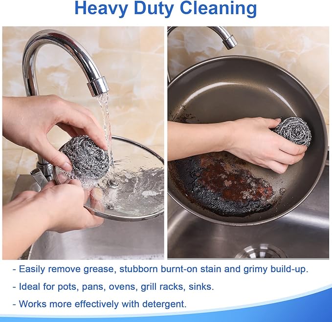 ovwo 12Pack Upgraded Steel Wool Scrubbers - Premium Stainless Steel Scrubber, Metal Scouring Pads, Steel Wool Pads, Kitchen Cleaner, Heavy Duty Cleaning Supplies - Especially for Tough Cleaning