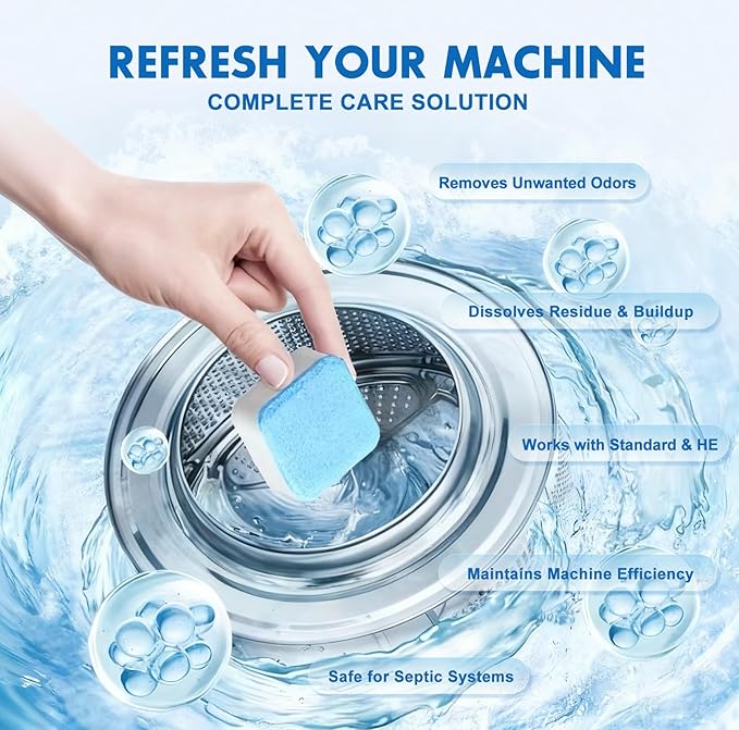 Washing Machine Cleaner Tablets and Deodorizer: 24 Pack Laundry Machine Tub Descaler Cleaner, Deep Cleaning Household Pods for HE Front Loader Top Load Washer, Septic-Safe Eco-Friendly - 1 Year Supply