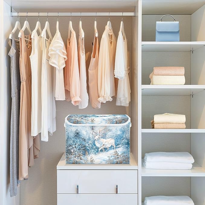 senya Winter Baskets Collapsible Storage Bins with Lids, Winter White Reindeer Snow Storage Boxes Clothes Baskets for Organizing
