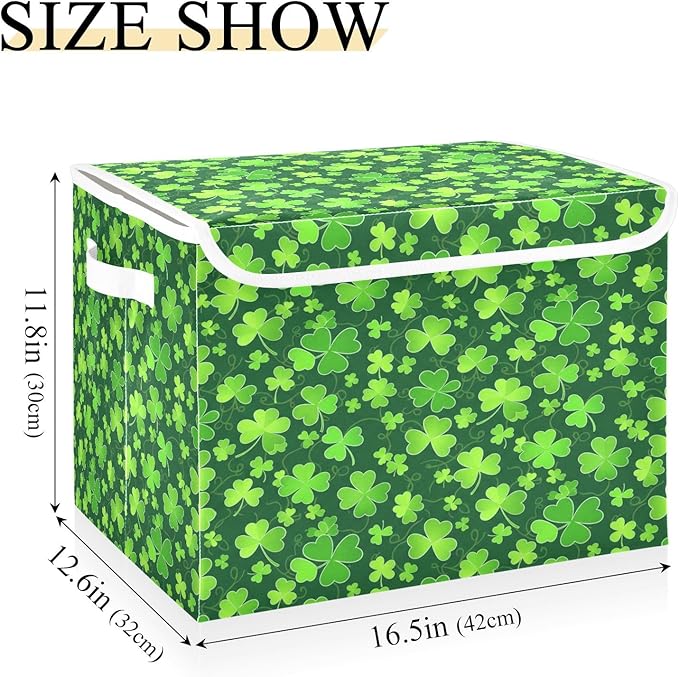 Bolaz Clover St Patrick Day Storage Bins with Lids and Handles, Foldable Storage Box Storage Basket with Cover Collapsible Organizer Containers for Home Closet, Shelves