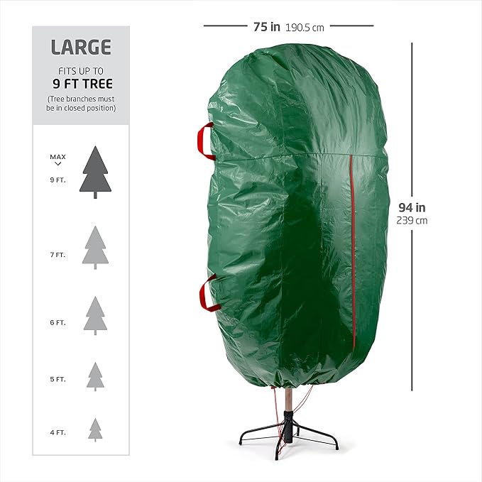 ZOBER Upright Christmas Tree Storage Bag With Drawstring Hem- Fits 9 Ft Trees - Plastic, Waterproof Christmas Tree Bag For Storage Box For Xmas - Strong, Durable Handles - Green