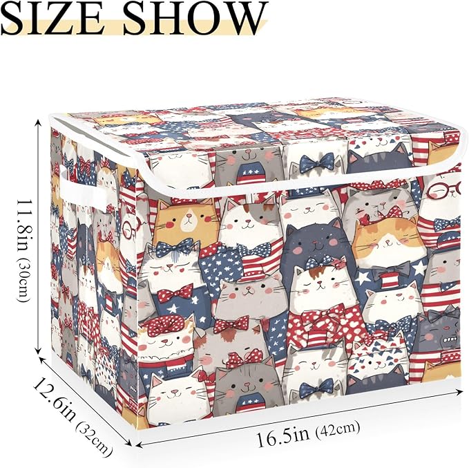 Bolaz Storage Bins with Lids and Handles,National Flag Cat Pattern Storage Box Basket with Cover Collapsible Organizer Containers for Home Closet, Shelves