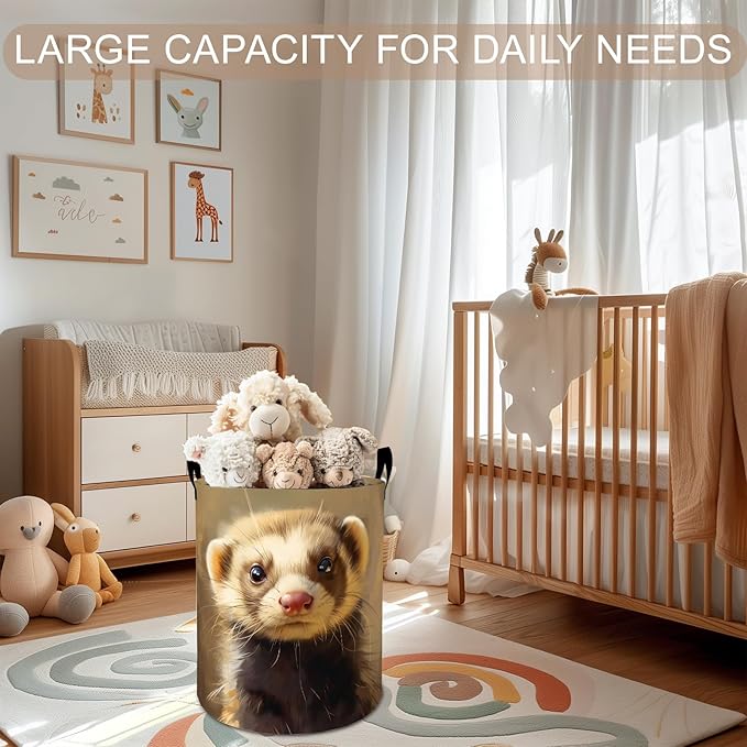 Ferret Laundry Basket Hamper 19.7"x15.8", Cute Animal Foldable Waterproof Oxford Clothes Storage Bucket for Room Bathroom Bedroom Nursery Decor, Toy Organizer Bins Gifts for Kids Boys Girls