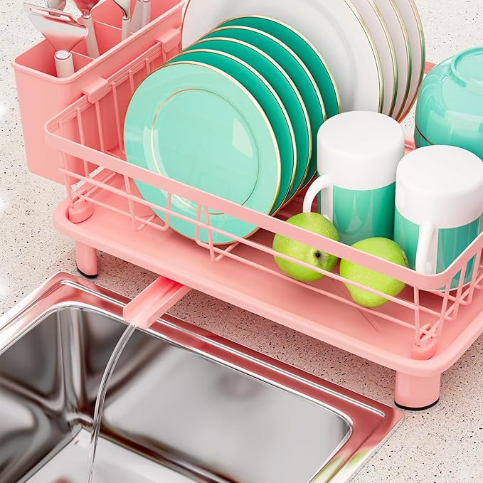 BULIJUJU Small Dish Drying Rack, Space Saving Dish Racks for Kitchen Counter, Kitchen Organizer Dish Drainer with Cutlery Holder for Spoons and Forks, 11''W x 15''L, Pink