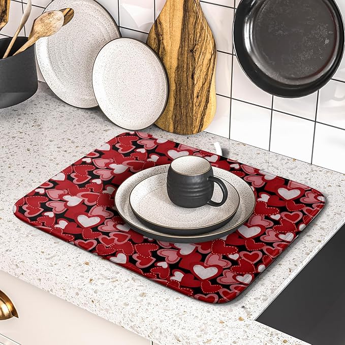 Valentines Day Dish Drying Mat for Kitchen Counter 18x16 Inch Love Drying Mat with Absorbent Reversible Microfiber Black Red Grey Heart Dish Drainer Mats Rack Pad for Coffee Countertop Protector