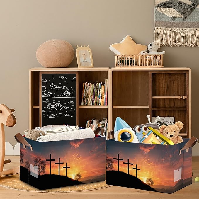 Cross Sunset Storage Basket,Collapsible Storage Bin Cubes for Living Room Bedroom Blankets Home Storage 17x11.5x10Inch