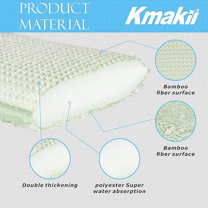KMAKII Bamboo Kitchen Sponges Dish Sponge Super Absorbent Natural Dish Sponges, Green, Pack of 6