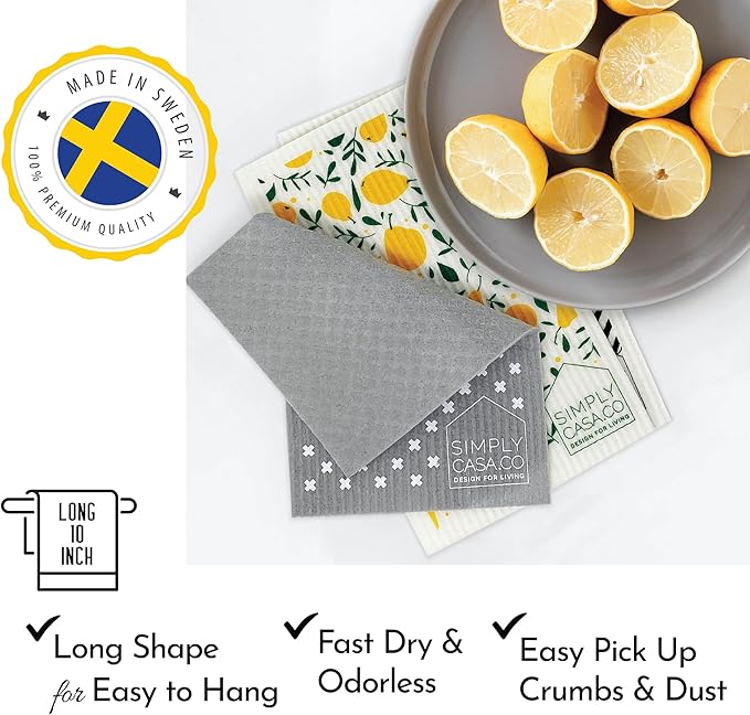 SIMPLYCASA Long 5‑Pack Swedish Dishcloths – Reusable, Cellulose Sponge Dish Cloths for Washing Dishes, Paper Towel Replacement, Plastic-Free Packaging, Super Absorbent