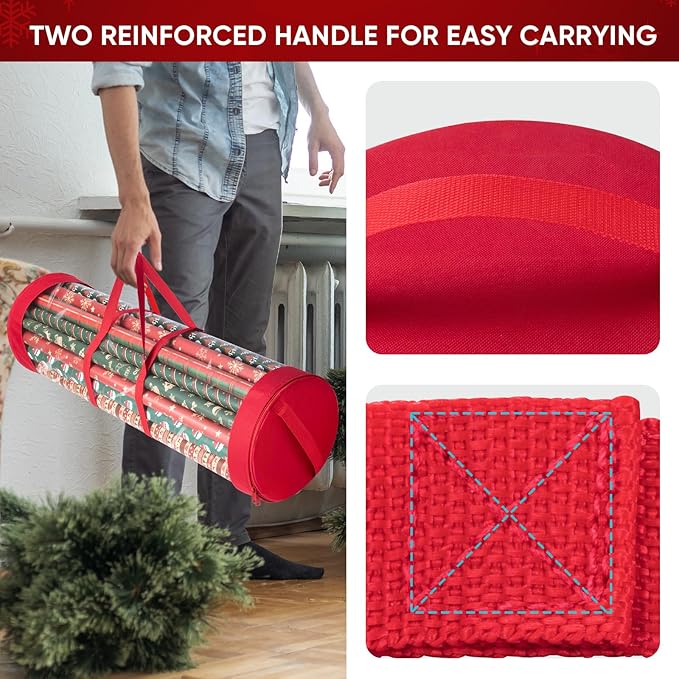 BALEINE Christmas Wrapping Paper Organizer Storage, 41" Gift Wrapping Paper Storage Containers, Clear PVC with Durable 600D Oxford Fabric Gift Wrap Paper Holder Fits 18-25 Rolls, Red