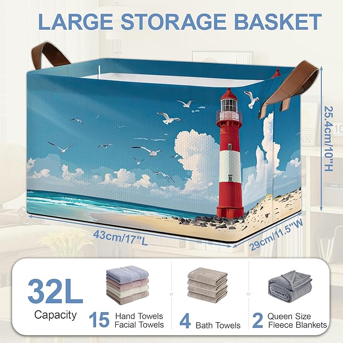 Lighthouse Seagull Storage Baskets,Beach Foldable Organizer Bin with Handles for Home Living Room Bedroom Closet Box 17x11.5x10Inch
