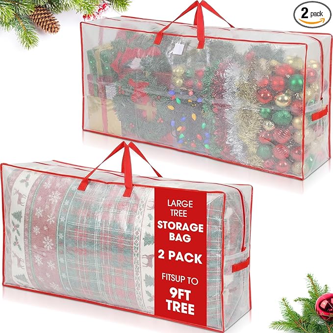 2 Pack Extra Large Christmas Tree Storage Bag 9 ft Artificial Tree, 126gallon Heavy Duty Moving Bag 65" Waterproof Clear Oversized Box with Handle Label Pocket for Camping College (Red)