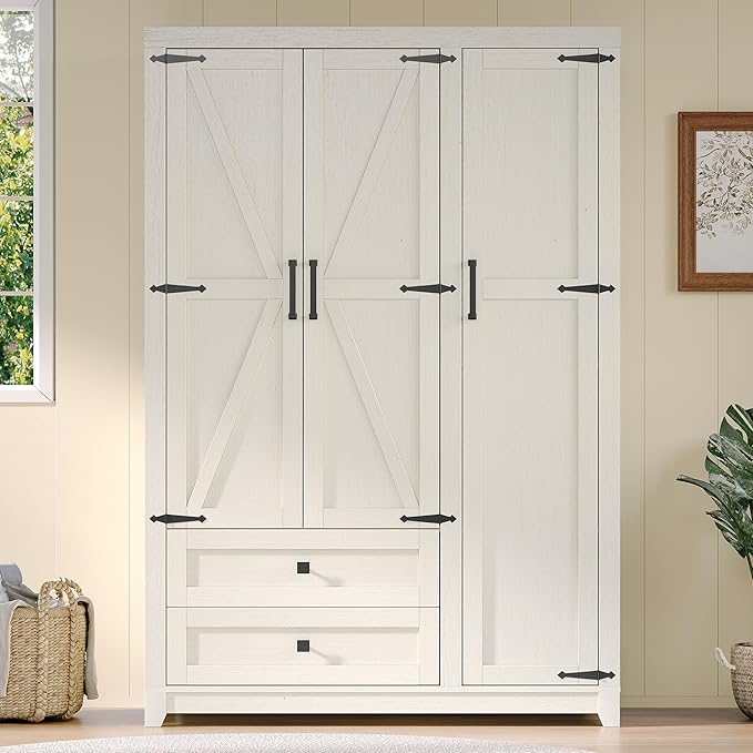 AMERLIFE Farmhouse 3 Door Wardrobe Closet with 2 Drawers & Hanging Rod, 47" Large Armoire Storage Cabinet with Adjustable Shelves, Freestanding Clothing Organizer for Bedroom, White
