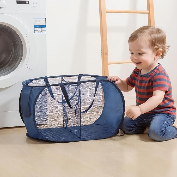 LINLOOM Foldable 2-Section Laundry Hamper Basket with Handles, 2-Pack Storage Organizer for Home, Breathable Mesh Divider Sorter for Whites & Colors, Collapsible Clothes Bin, Navy Blue