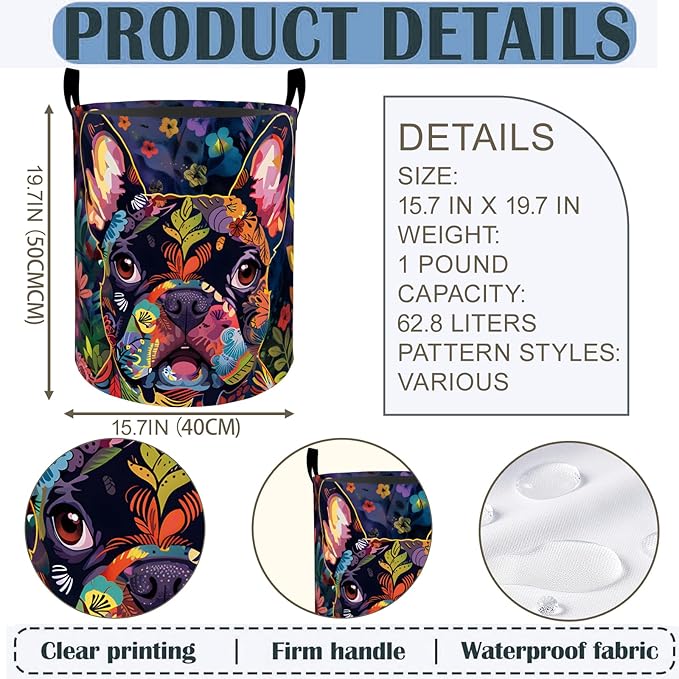 French Bulldog Laundry Basket Hamper 19.7"x15.8", Colorful Dog Foldable Waterproof Oxford Clothes Storage Bucket for Room Bathroom Bedroom Nursery Decor, Toy Organizer Bins Gifts for Kids Boys Girls