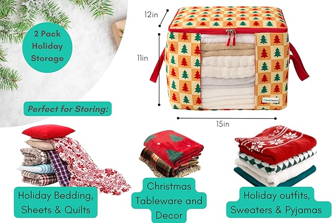 Canvas Storage Bags 2 Pack Designer Clothes Organizer bags for sweaters, clothing, garments, quilt, linens, large folding organizers with zip & window, moth proof space saver - Christmas tree print