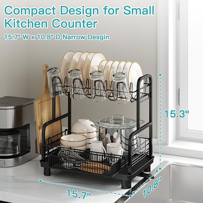 2 Tier Black Large Capacity Dish Drainers Drying Rack for Kitchen Counter, Metal Stainless Steel Rust Proof Plate Strainers Holder On Countertop with Drainboard Tray, Space Saving, Aesthetic Modern